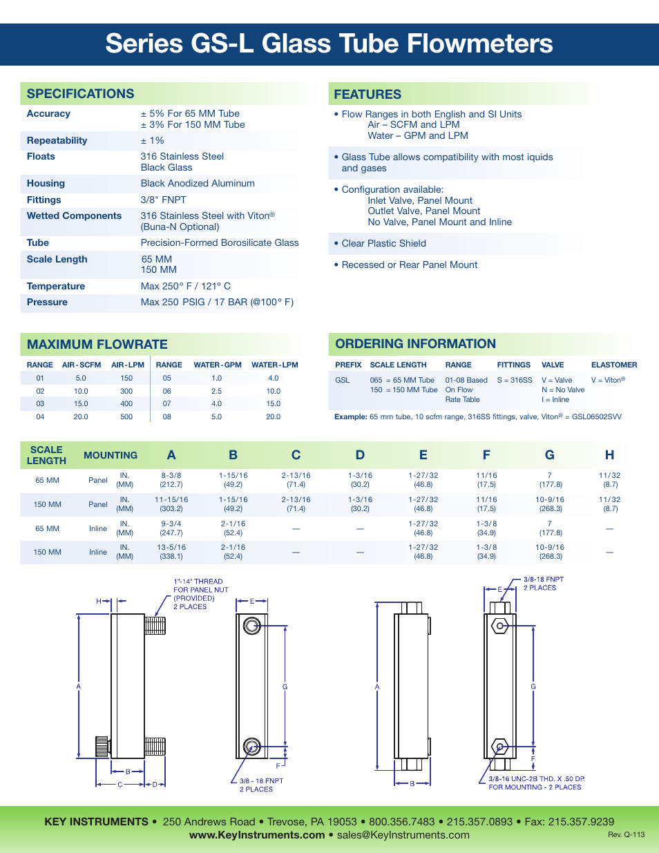 Series gs-l glass tube flowmeters, Ordering information, Features | Specifications, Maximum flowrate | Key Instruments GS-L Series User Manual | Page 2 / 2