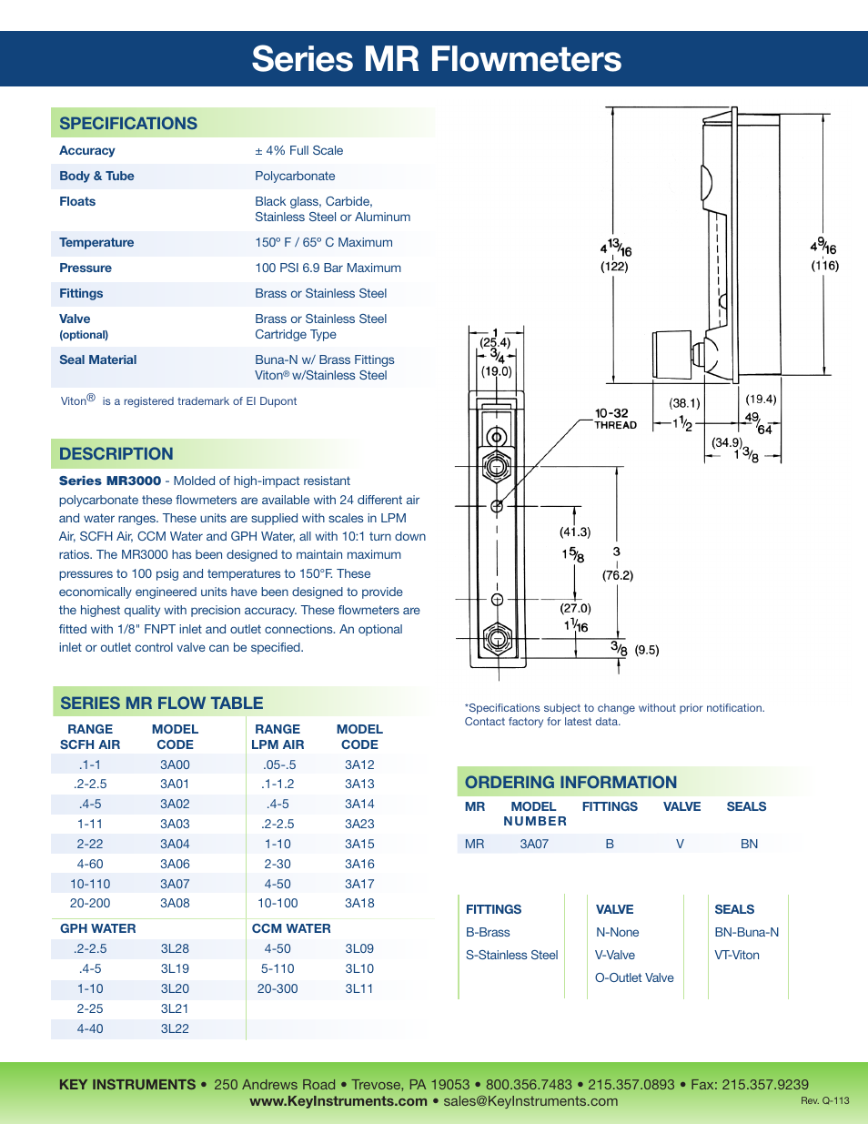 Series mr flowmeters, Description, Ordering information | Specifications, Series mr flow table | Key Instruments MR3000 Series User Manual | Page 2 / 2