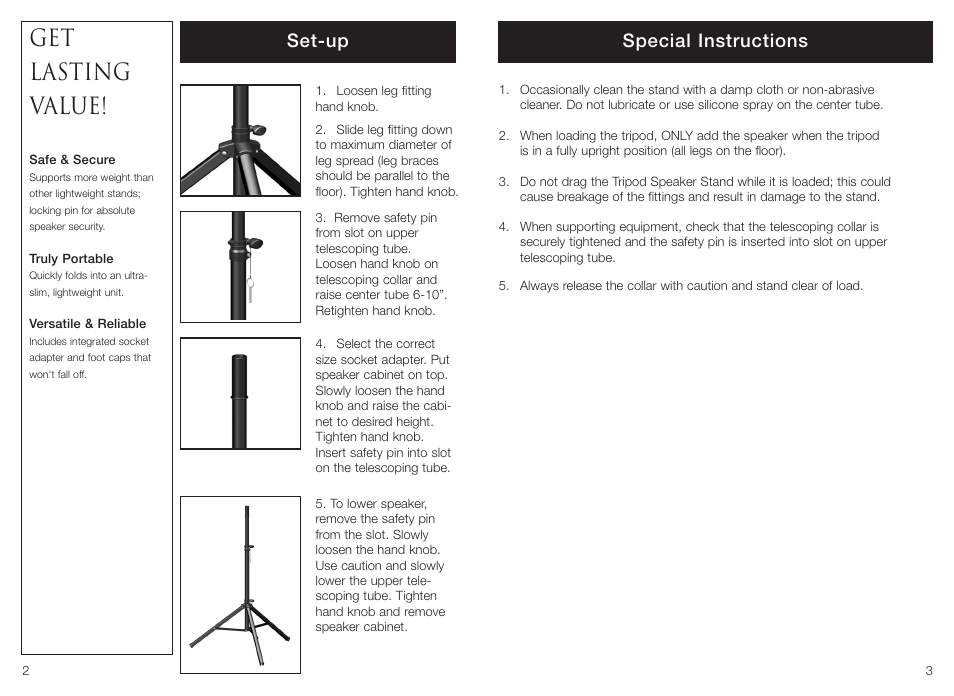 Get lasting value, Set-up, Special instructions | Bogen TS-70GB User Manual | Page 2 / 2