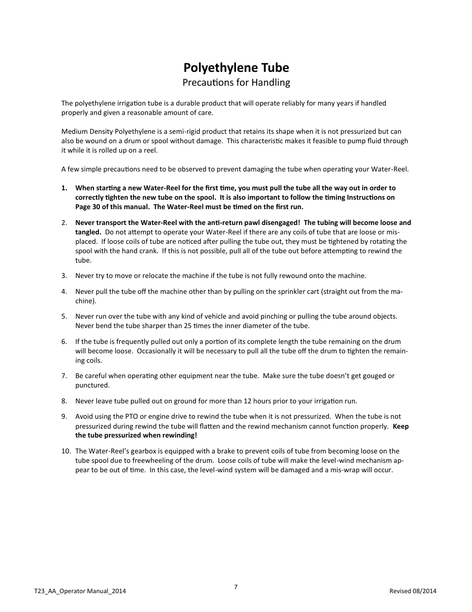 Polyethylene tube, Precautions for handling | Kifco E23 360,000 - Present: Operator Manual User Manual | Page 10 / 44