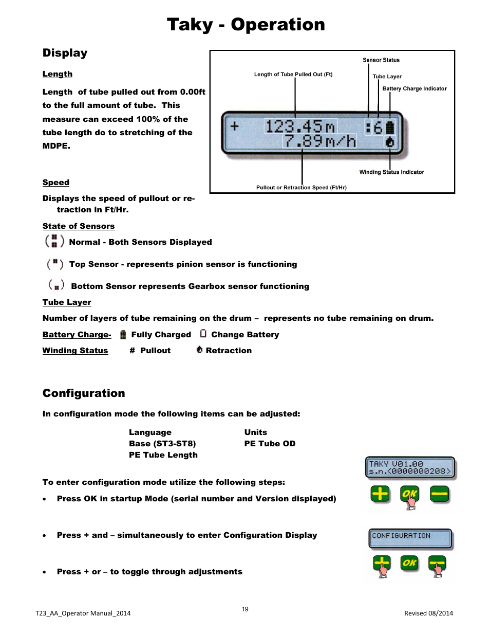 Taky - operation, Display, Configuration | Kifco E23 360,000 - Present: Operator Manual User Manual | Page 22 / 44