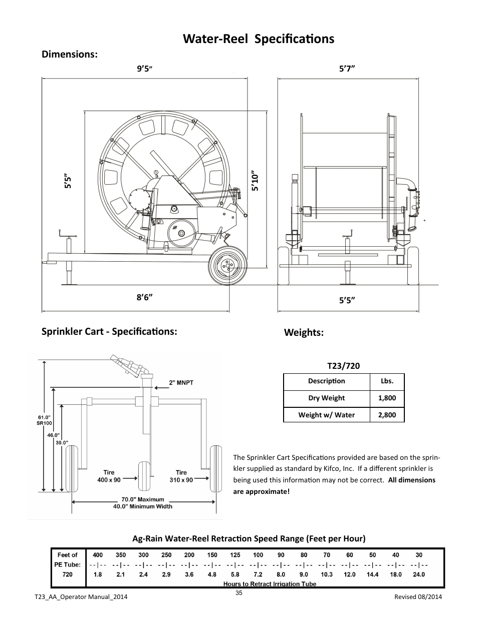 Water-reel specifications, Weights, Dimensions: sprinkler cart - specifications | Kifco E23 360,000 - Present: Operator Manual User Manual | Page 38 / 44