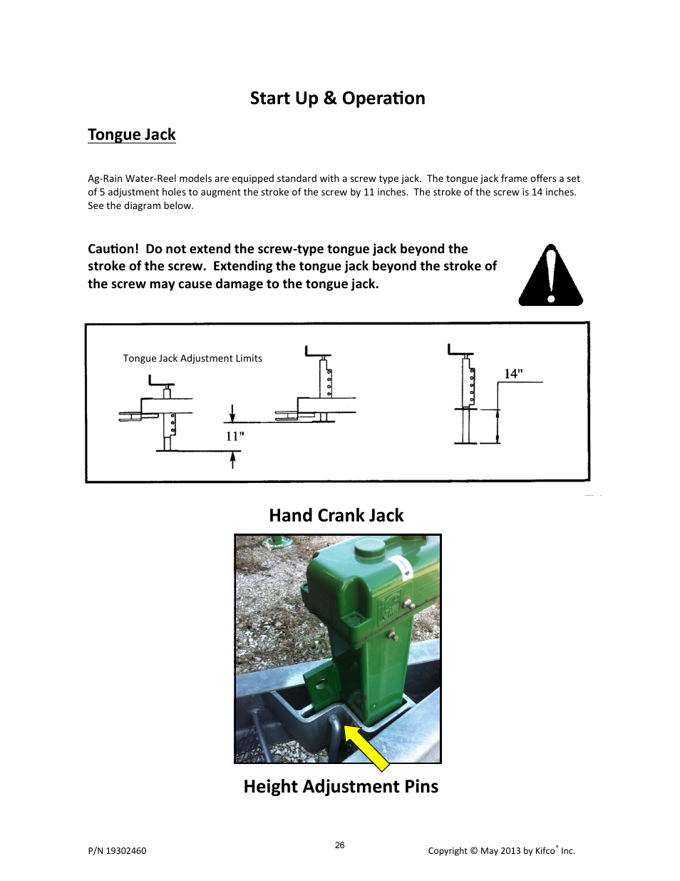 Start up & operation, Hand crank jack height adjustment pins, Tongue jack | Kifco E30x660 400,000 - Present Operator Manual User Manual | Page 32 / 46