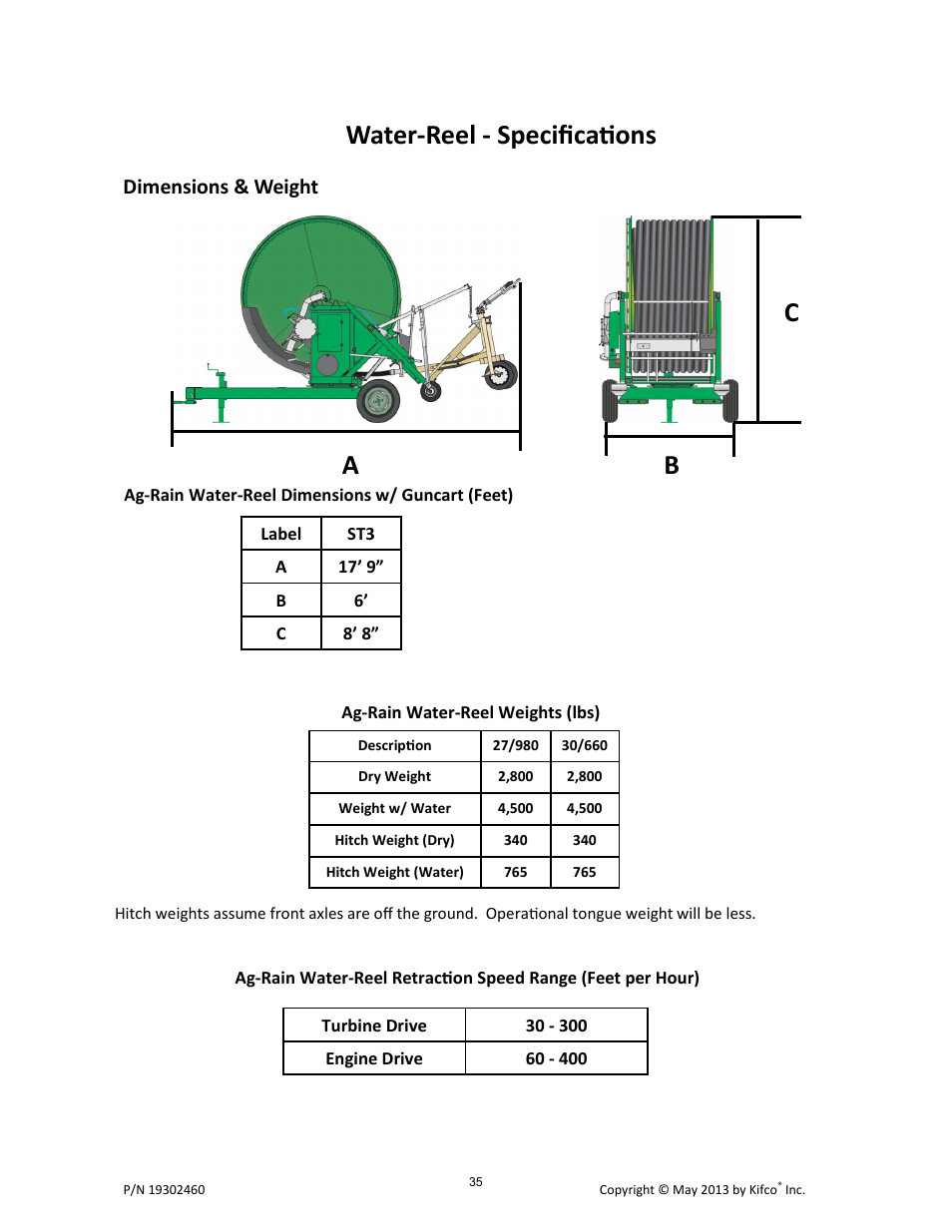 Water-reel - specifications, Cb a, Dimensions & weight | Kifco E30x660 400,000 - Present Operator Manual User Manual | Page 41 / 46