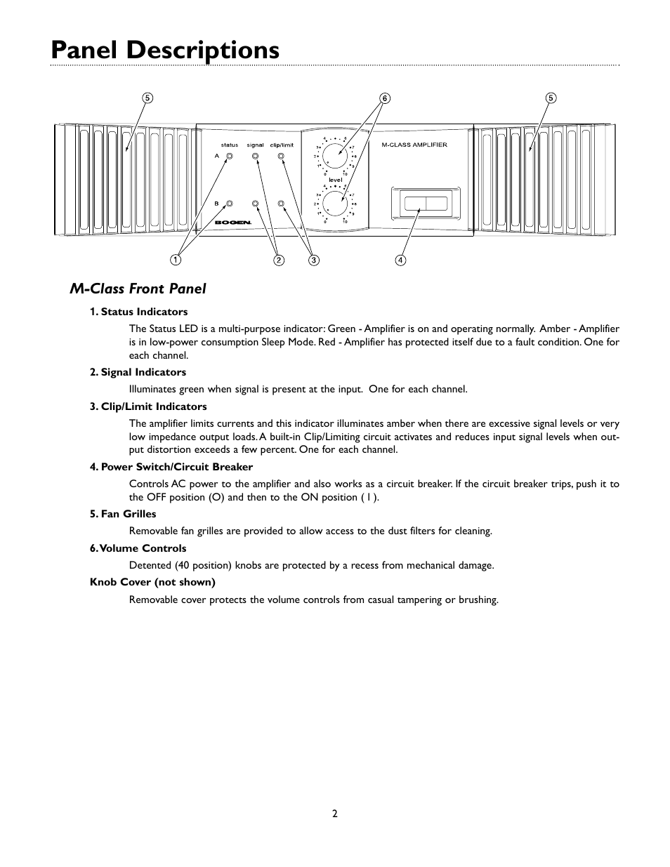 Panel descriptions, M-class front panel | Bogen M-CLASS AMPLIFIER M450 User Manual | Page 5 / 19