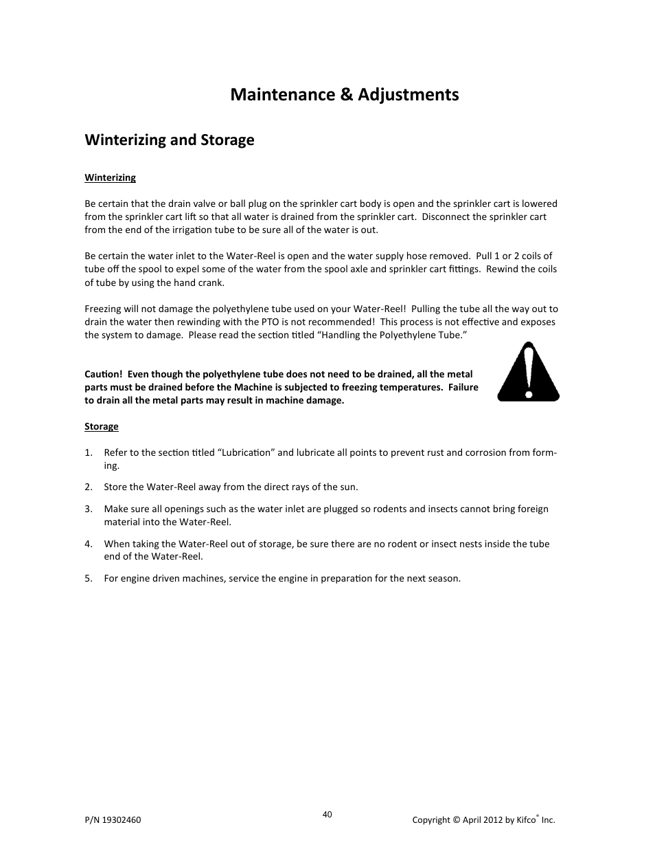 Maintenance & adjustments, Winterizing and storage | Kifco T40x1320 - Two Axle 380,601 - Present Operator Manual User Manual | Page 43 / 49