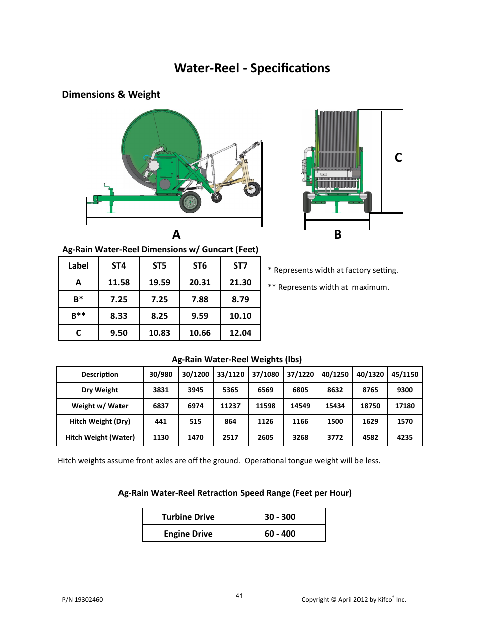 Water-reel - specifications, Cb a, Dimensions & weight | Kifco T40x1320 - Two Axle 380,601 - Present Operator Manual User Manual | Page 44 / 49