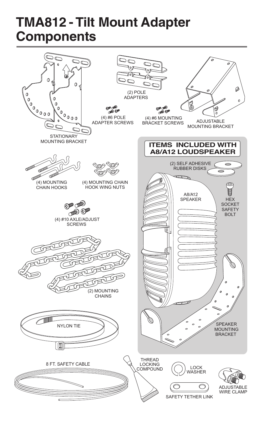 Tma812 - tilt mount adapter components, Items included with a8/a12 loudspeaker | Bogen TMA812 User Manual | Page 2 / 8