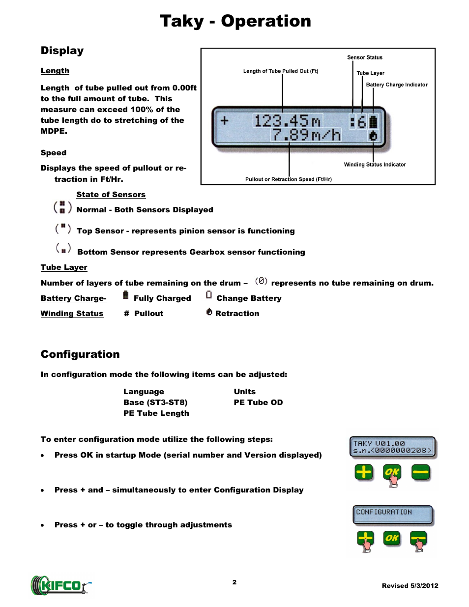 Taky - operation, Display, Configuration | Kifco Taky User Manual | Page 6 / 9