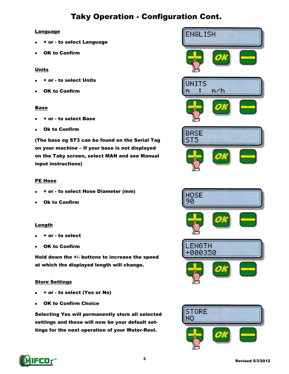 Taky operation - configuration cont | Kifco Taky User Manual | Page 7 / 9