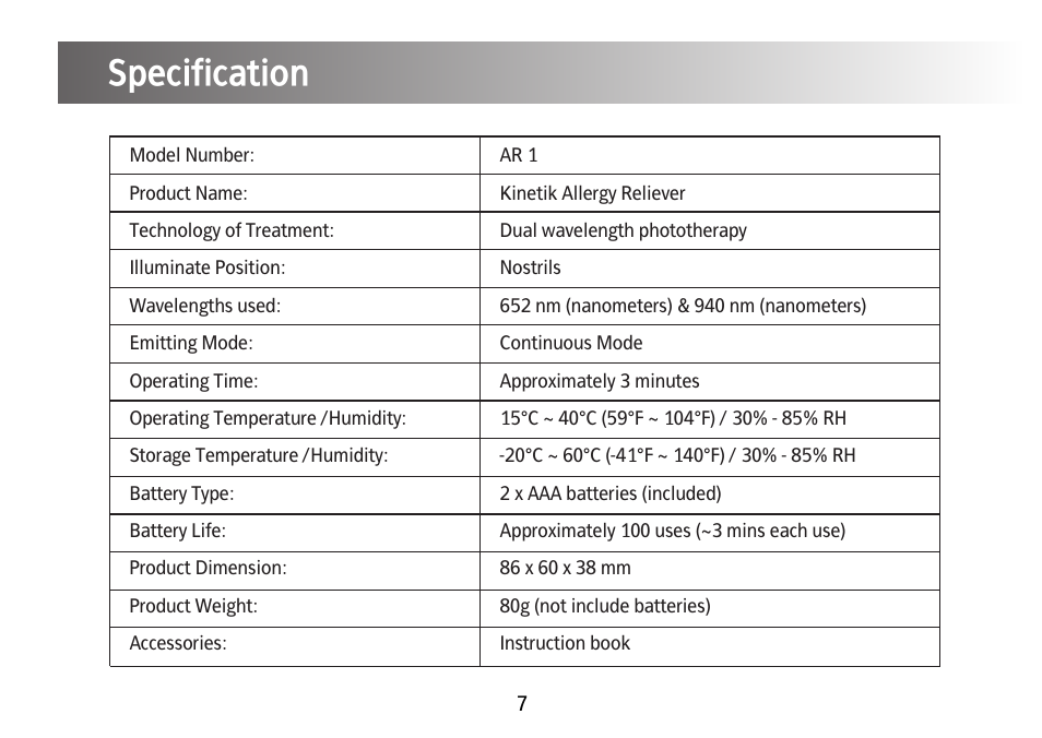 Specification | Kinetik Allergy reliever AR1 User Manual | Page 8 / 10