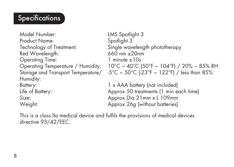 Specifications | Kinetik LMS Spotlight LMS3 User Manual | Page 9 / 21