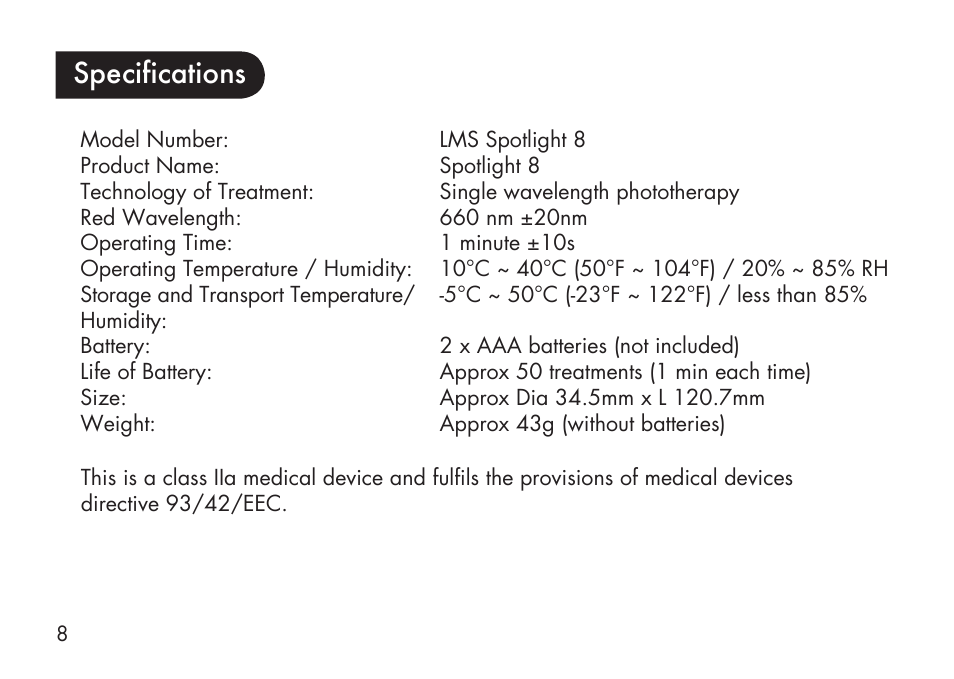 Specifications | Kinetik LMS Spotlight LMS8 User Manual | Page 9 / 21