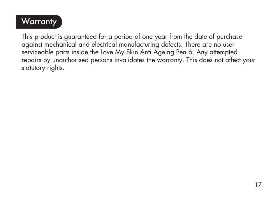Warranty | Kinetik Love my Skin Anti-Ageing LMS6 User Manual | Page 18 / 20