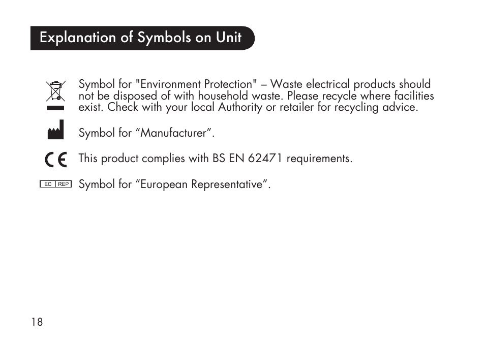 Explanation of symbols on unit | Kinetik Love my Skin Anti-Ageing LMS6 User Manual | Page 19 / 20