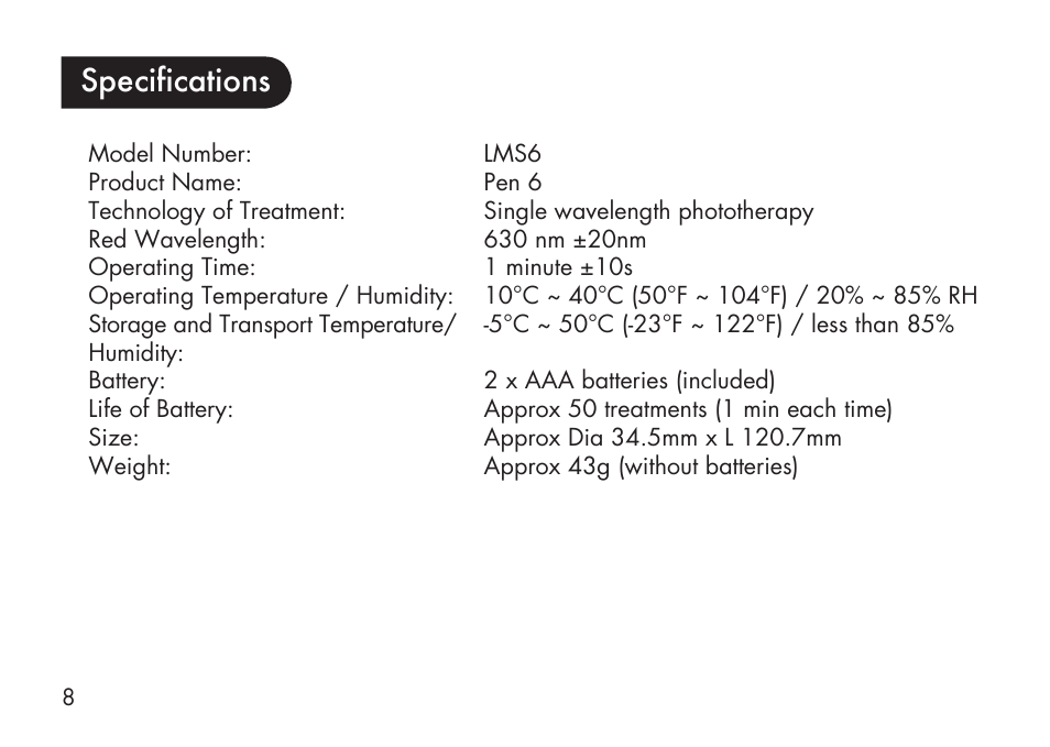 Specifications | Kinetik Love my Skin Anti-Ageing LMS6 User Manual | Page 9 / 20