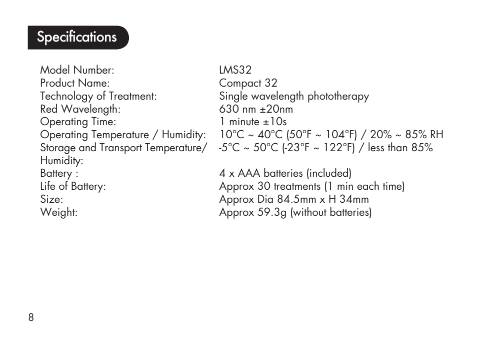 Specifications | Kinetik Love my Skin Anti-Ageing LMS32 User Manual | Page 9 / 20