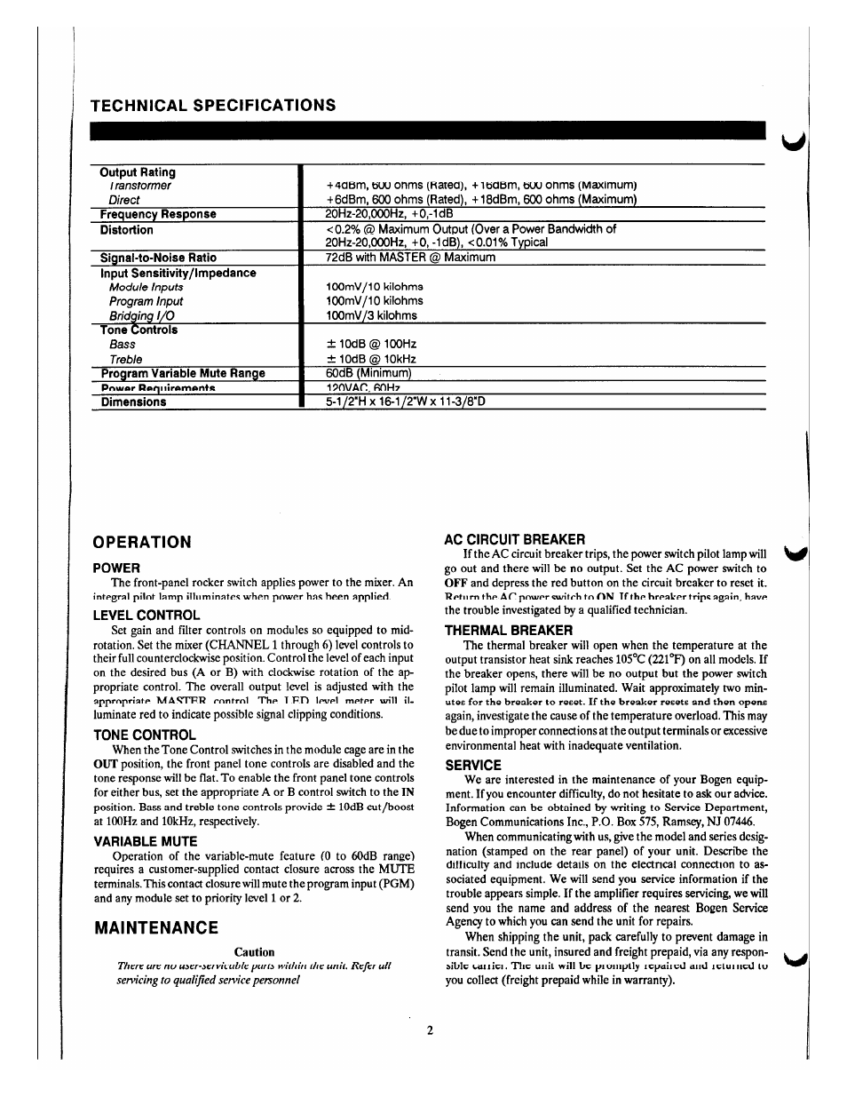 Technical specifications, Operation, Maintenance | Bogen DMP-06 User Manual | Page 2 / 6