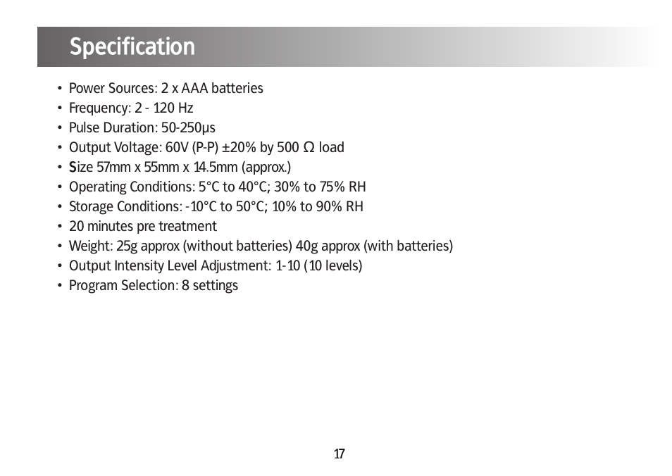 Specification | Kinetik Pain reliever PPT1 User Manual | Page 18 / 24