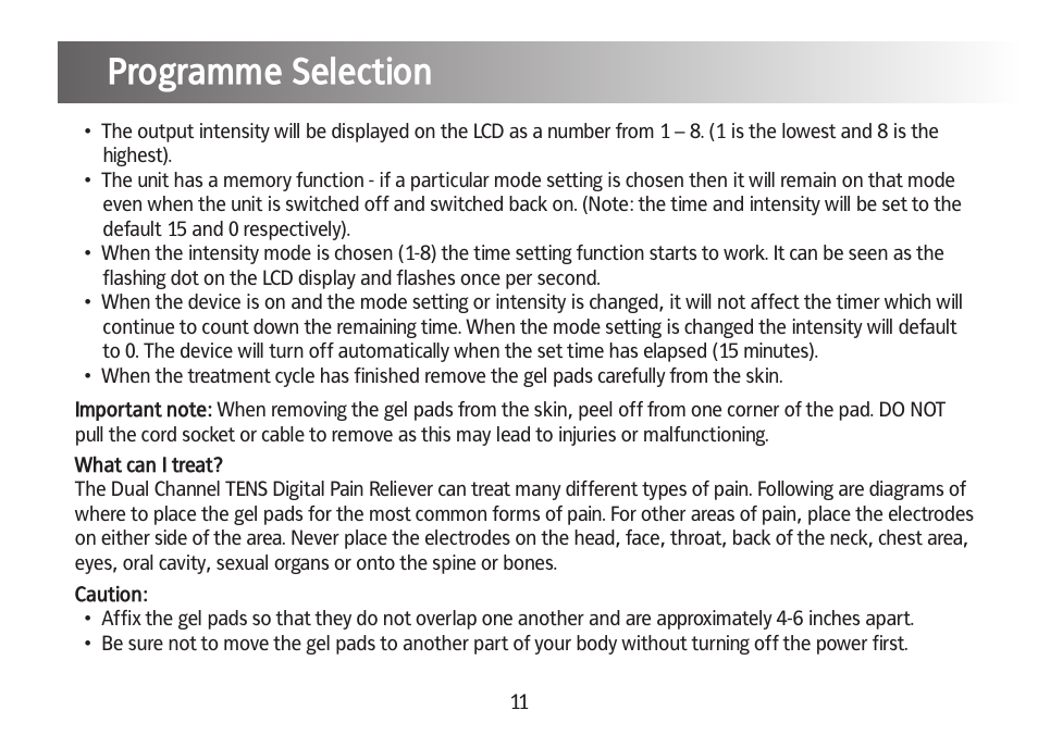 Programme selection | Kinetik Pain reliever DT1 User Manual | Page 12 / 19