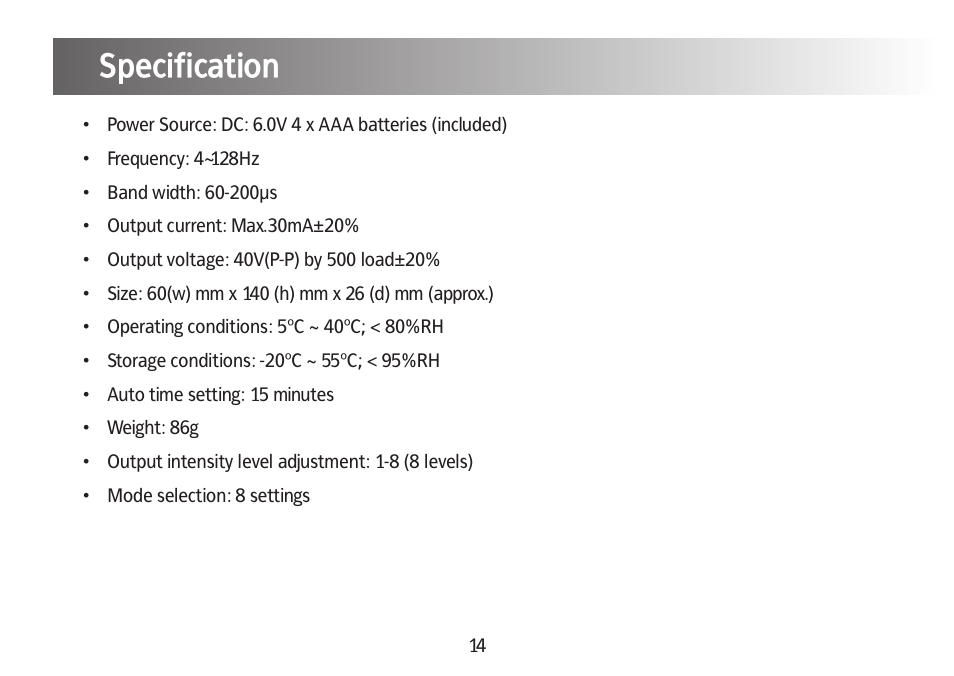 Battery information, Specification | Kinetik Pain reliever DT1 User Manual | Page 15 / 19
