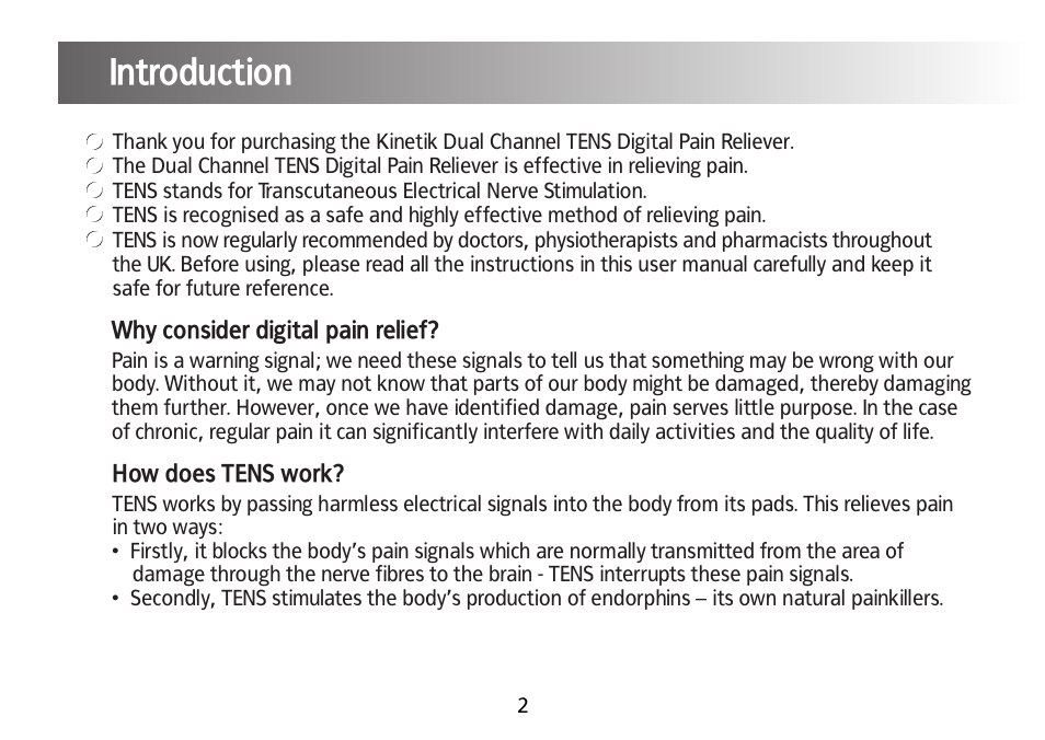 Content, Introduction | Kinetik Pain reliever DT1 User Manual | Page 3 / 19