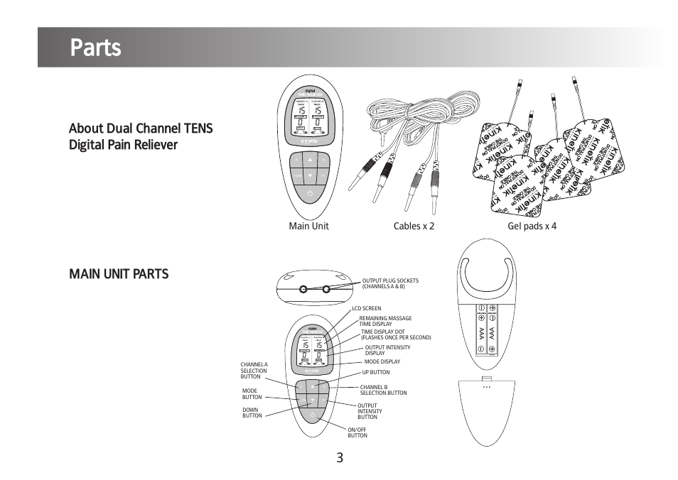 Parts, Main unit gel pads x 4 cables x 2 | Kinetik Pain reliever DT1 User Manual | Page 4 / 19