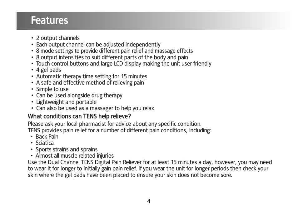 Parts, Features, What conditions can tens help relieve | Kinetik Pain reliever DT1 User Manual | Page 5 / 19