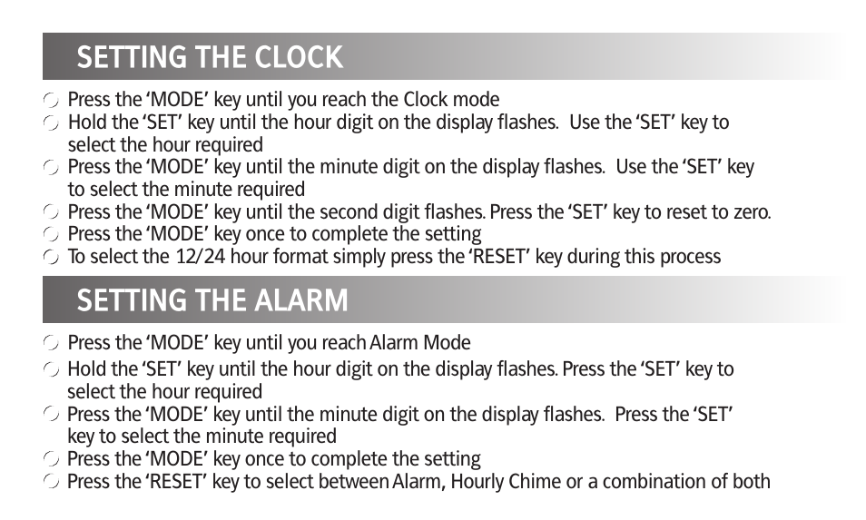 Setting the clock setting the alarm | Kinetik Your fitness S1C User Manual | Page 6 / 11