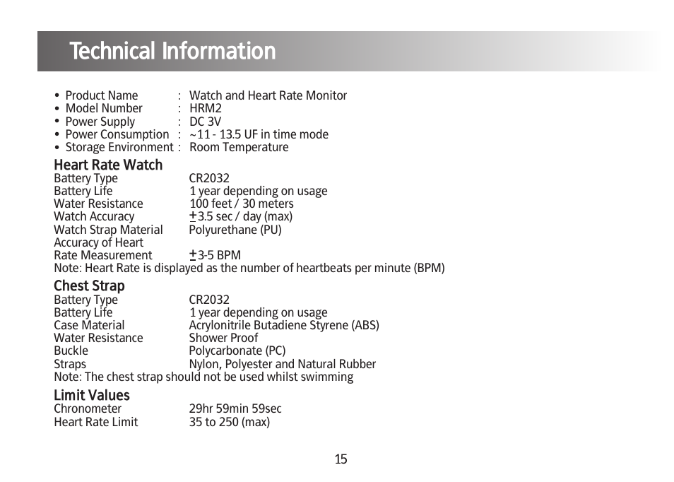 Technical information | Kinetik Your fitness HRM2 User Manual | Page 16 / 33