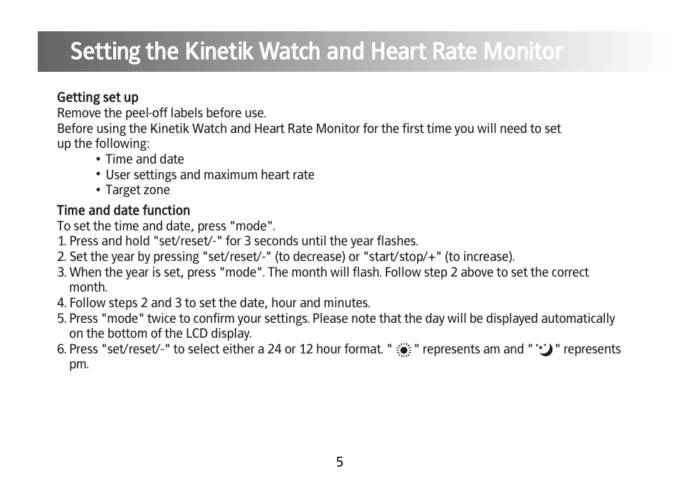 Setting the kinetik watch and heart rate monitor | Kinetik Your fitness HRM2 User Manual | Page 6 / 33