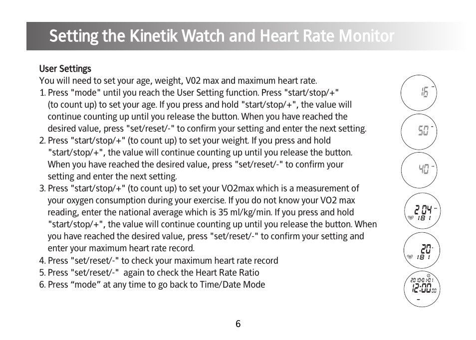 Setting the kinetik watch and heart rate monitor | Kinetik Your fitness HRM2 User Manual | Page 7 / 33