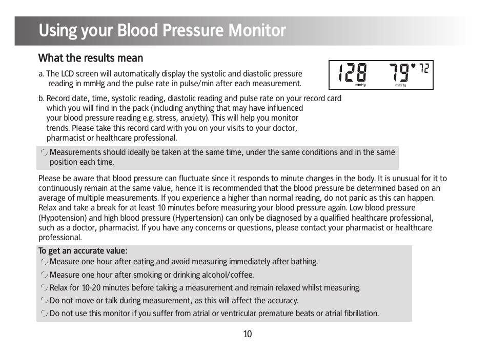 Using your blood pressure monitor | Kinetik Blood Pressure BPM1C User Manual | Page 11 / 19