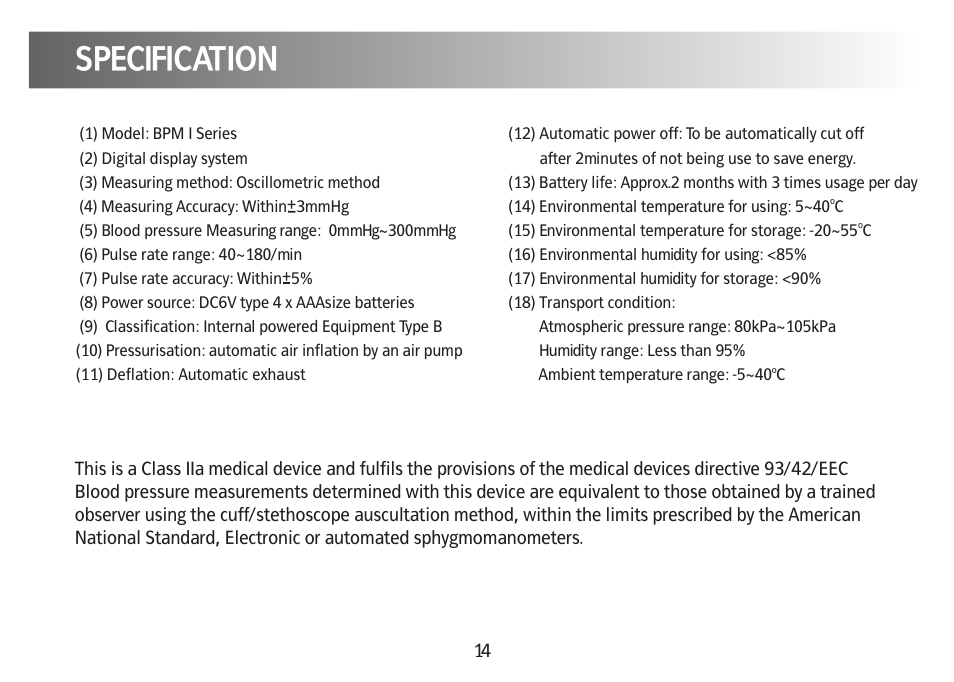 Specification | Kinetik Blood Pressure BPM1C User Manual | Page 15 / 19