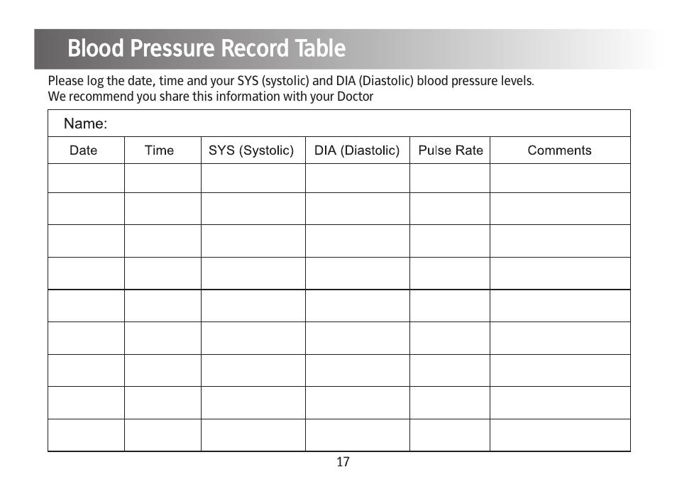 Blood pressure record table | Kinetik Blood Pressure BPM1C User Manual | Page 18 / 19