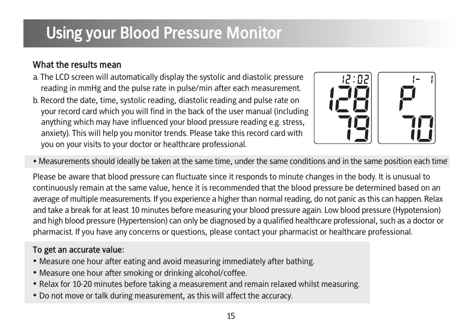 Using your blood pressure monitor | Kinetik Blood Pressure BPM1KTL User Manual | Page 16 / 24