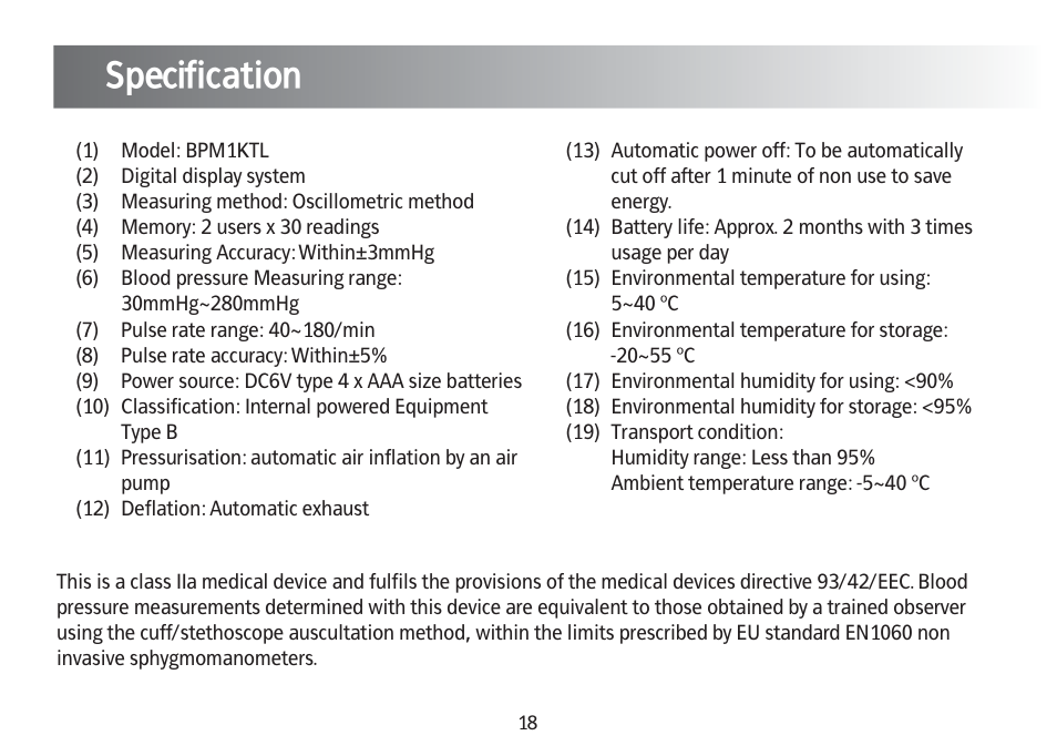 Specification | Kinetik Blood Pressure BPM1KTL User Manual | Page 19 / 24