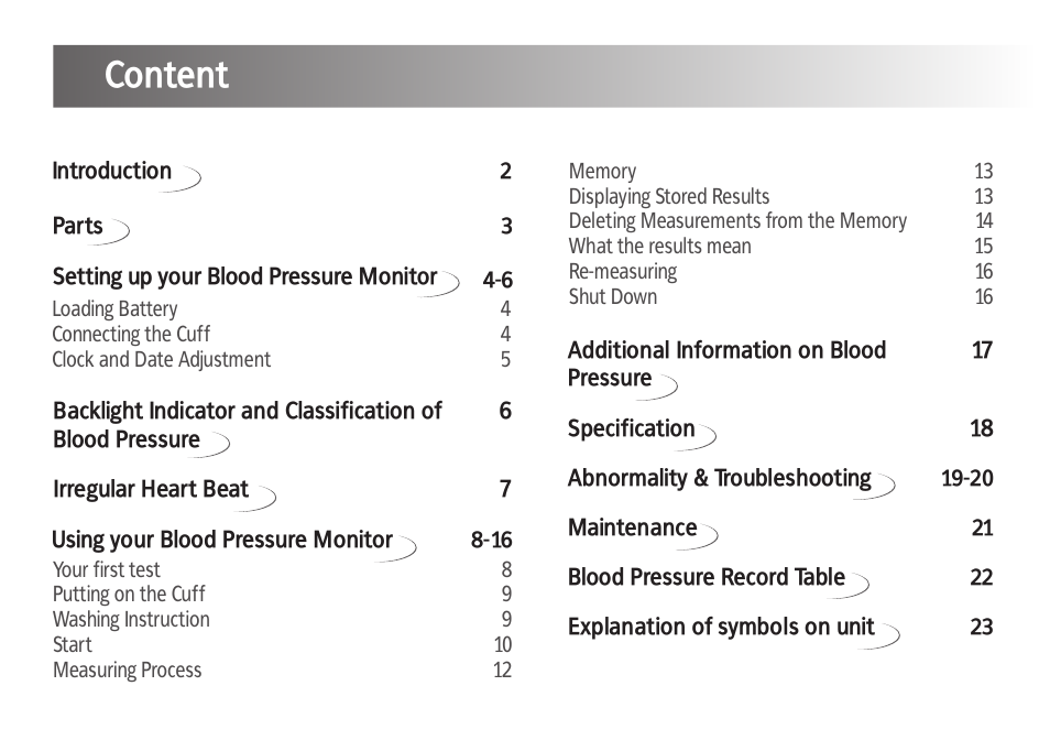 Content | Kinetik Blood Pressure BPM1KTL User Manual | Page 2 / 24