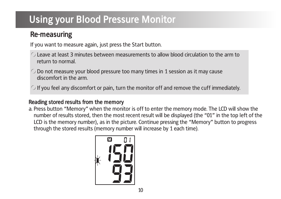 Using your blood pressure monitor, Re-measuring | Kinetik Blood Pressure BPM3C User Manual | Page 11 / 21