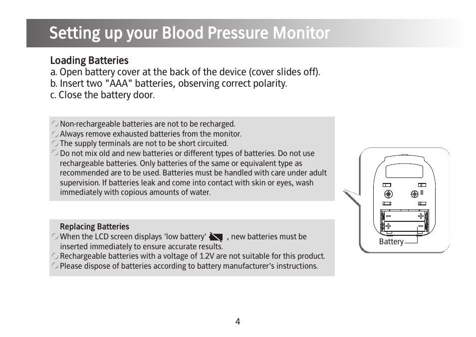 Parts, Setting up your blood pressure monitor | Kinetik Blood Pressure BPM3C User Manual | Page 5 / 21