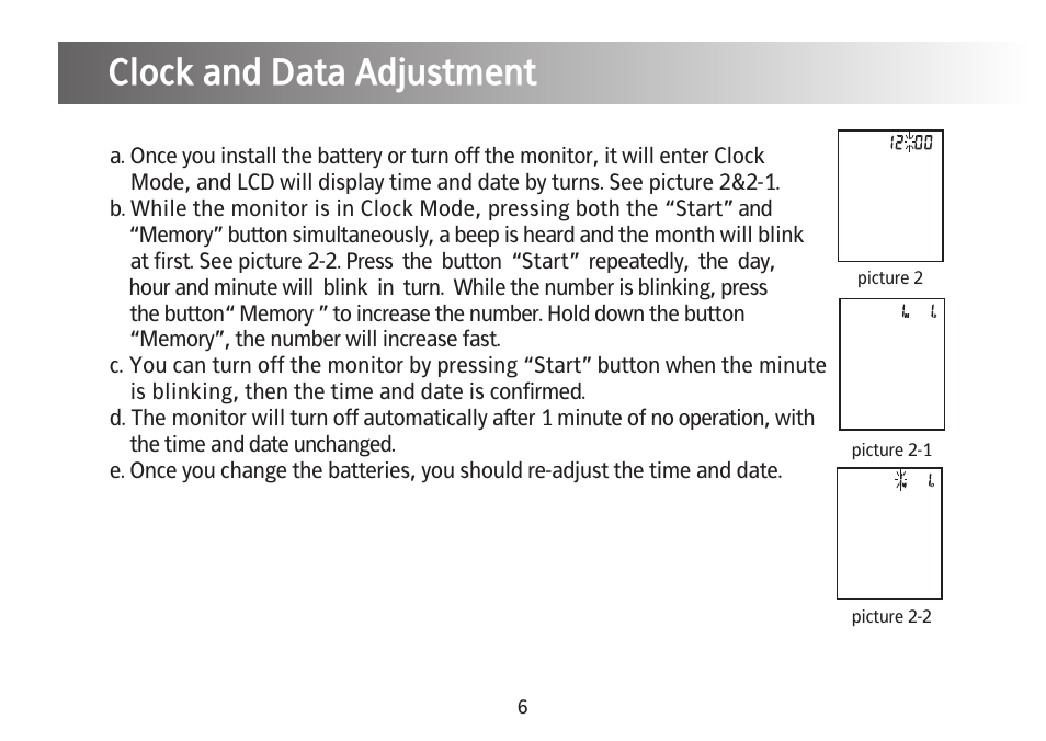 Setting up your blood pressure monitor, Clock and data adjustment | Kinetik Blood Pressure BPM3C User Manual | Page 7 / 21