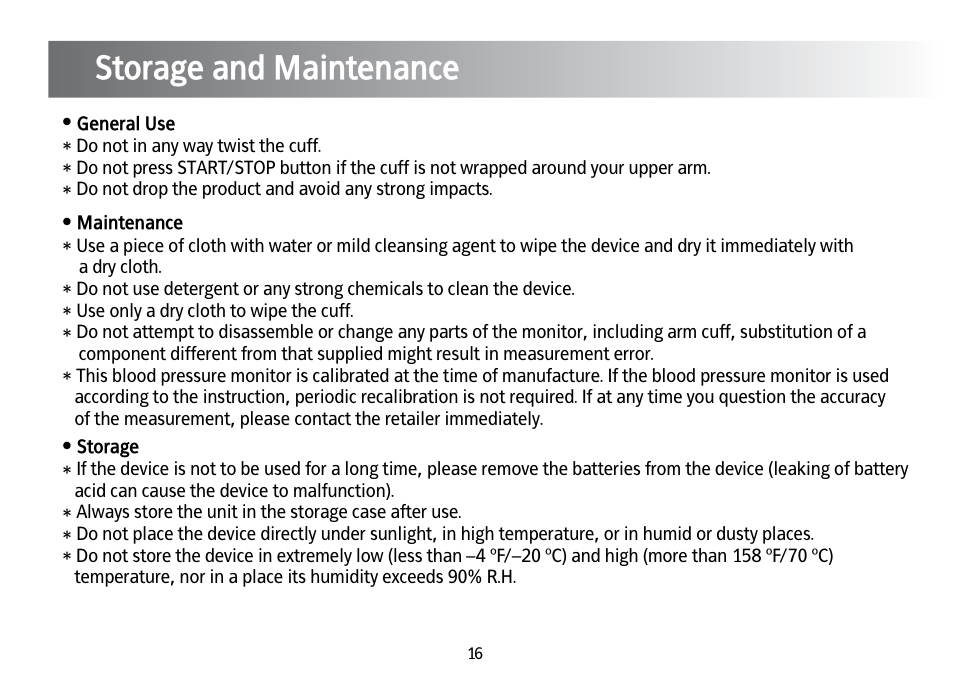 Storage and maintenance | Kinetik Blood Pressure BPM4TL User Manual | Page 17 / 23