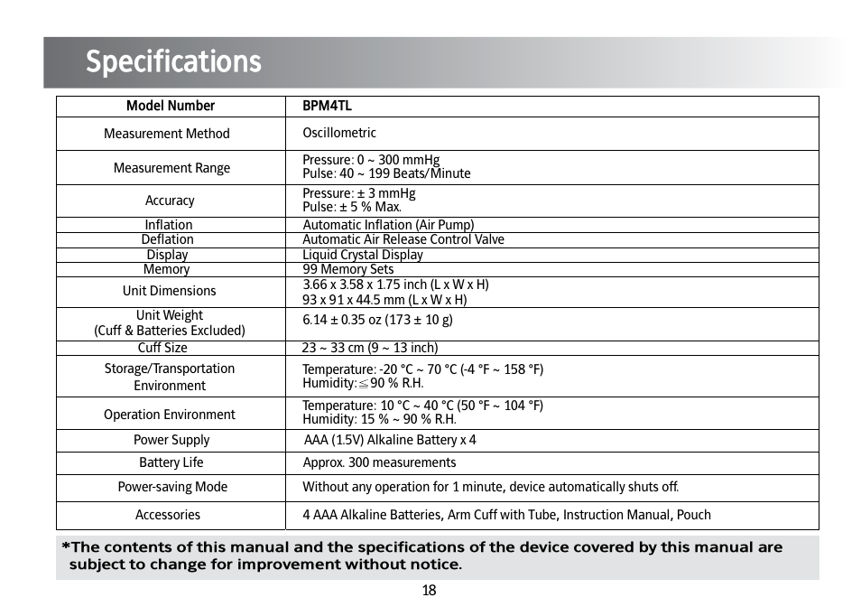 Specifications | Kinetik Blood Pressure BPM4TL User Manual | Page 19 / 23