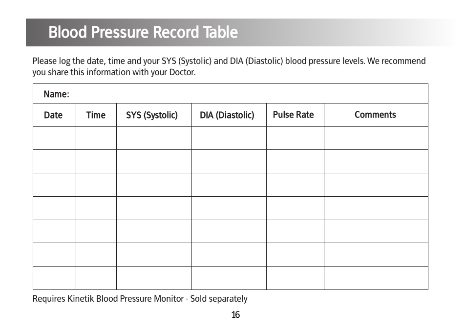 Recommendations for best use, Blood pressure record table | Kinetik Blood Pressure BPL1 User Manual | Page 17 / 28