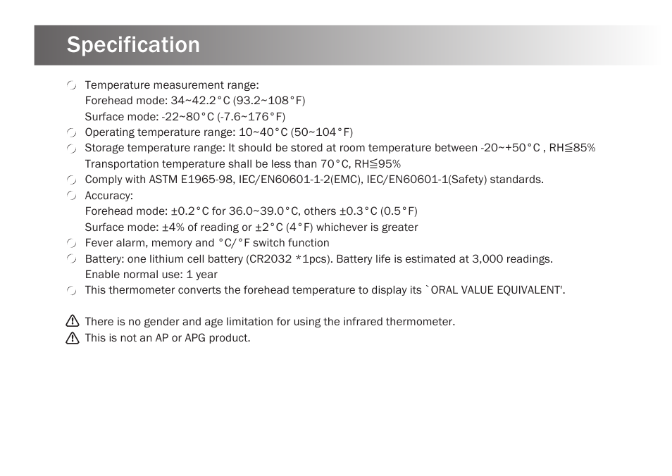 Specification | Kinetik Thermometer NCT1 User Manual | Page 14 / 23
