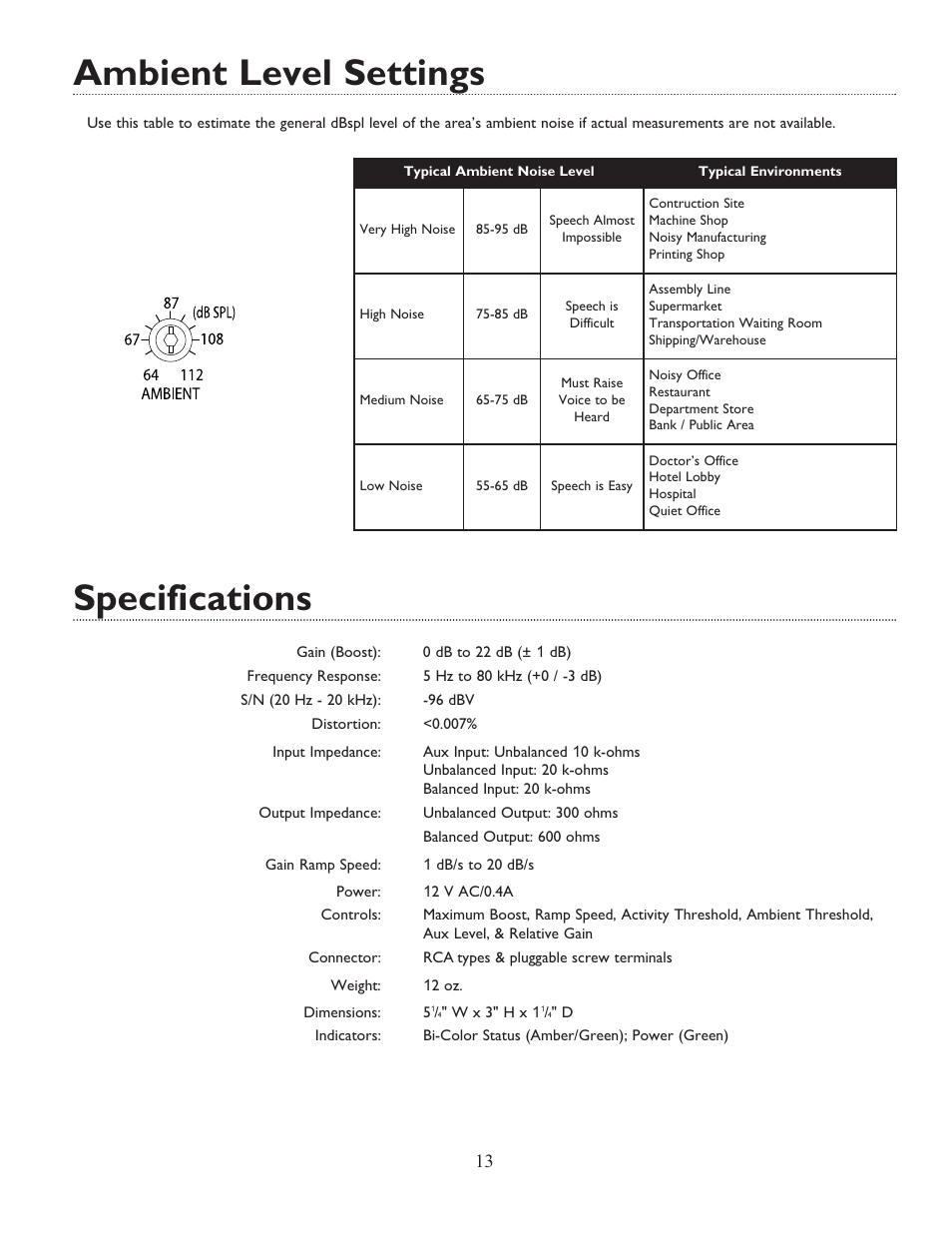 Ambient level settings, Specifications | Bogen ANS501 User Manual | Page 13 / 16