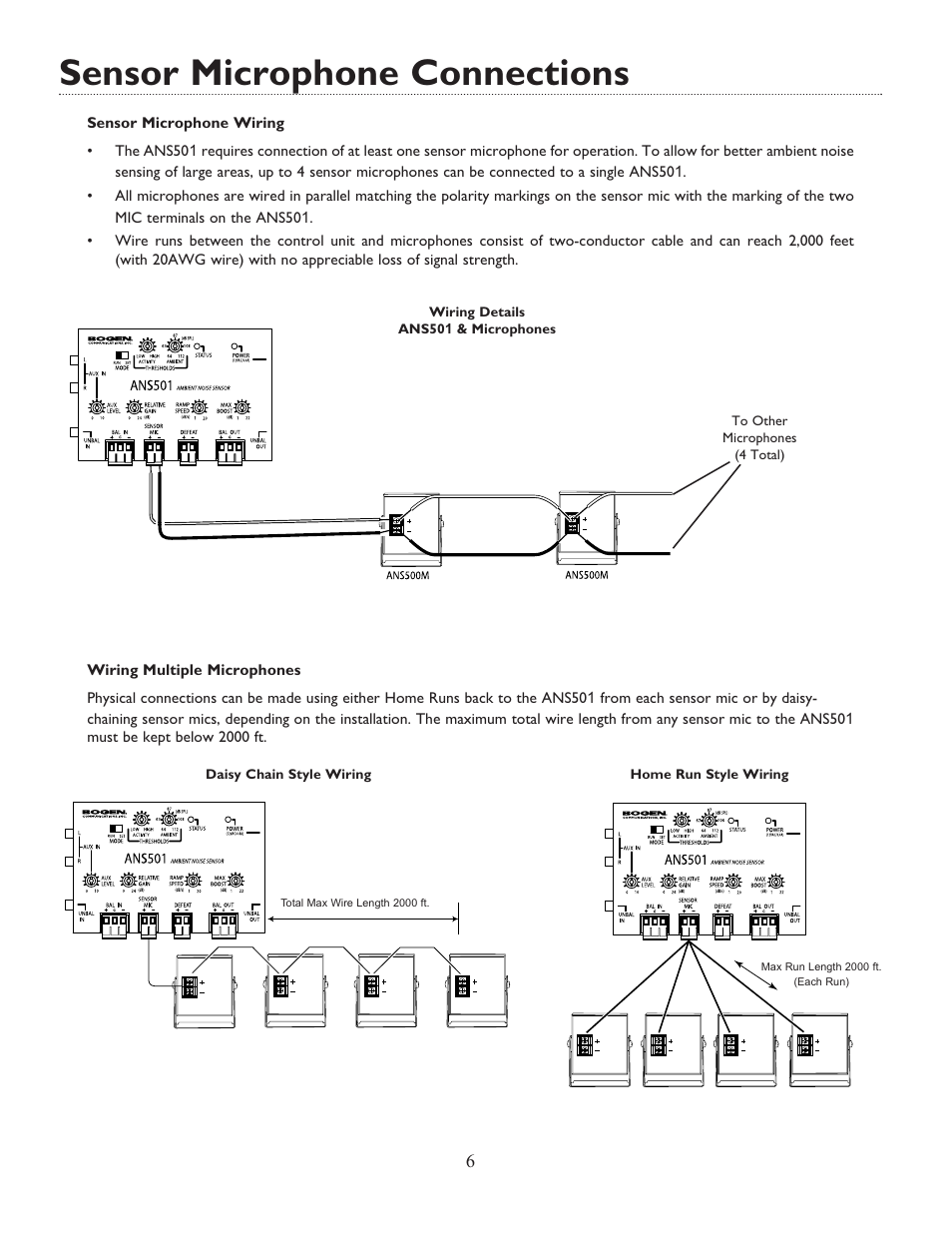 Sensor microphone connections | Bogen ANS501 User Manual | Page 6 / 16