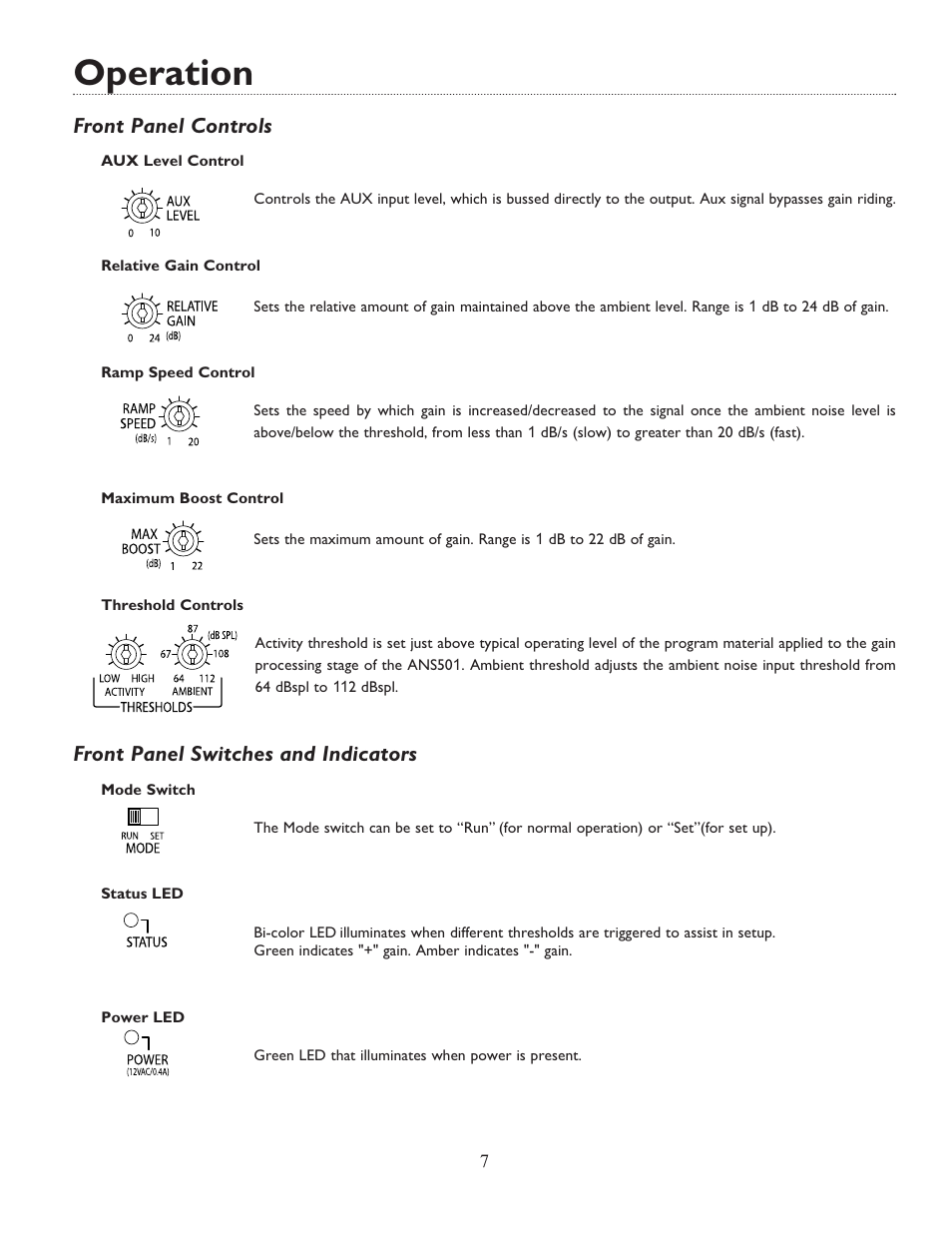 Operation, Front panel controls, Front panel switches and indicators | Bogen ANS501 User Manual | Page 7 / 16