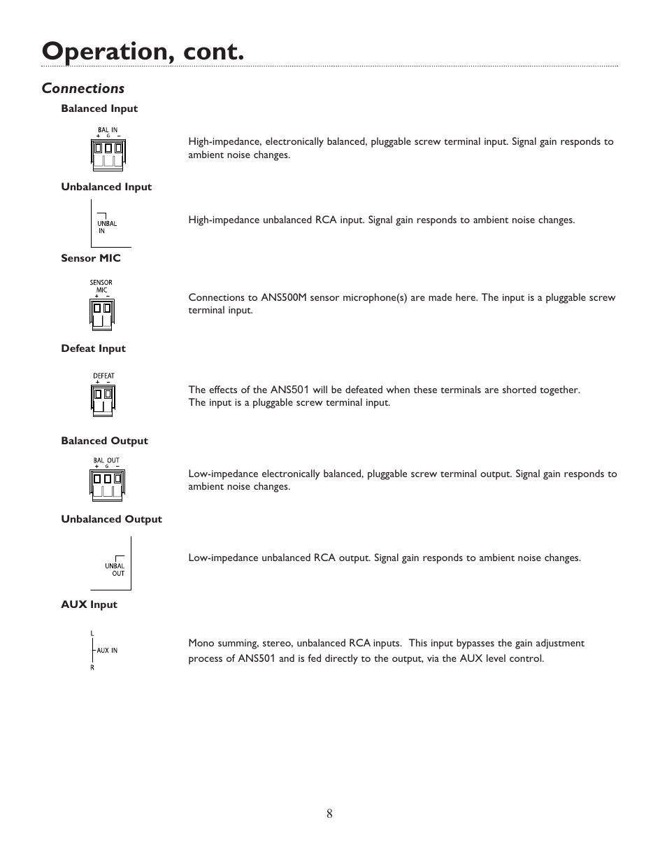 Operation, cont, Connections | Bogen ANS501 User Manual | Page 8 / 16