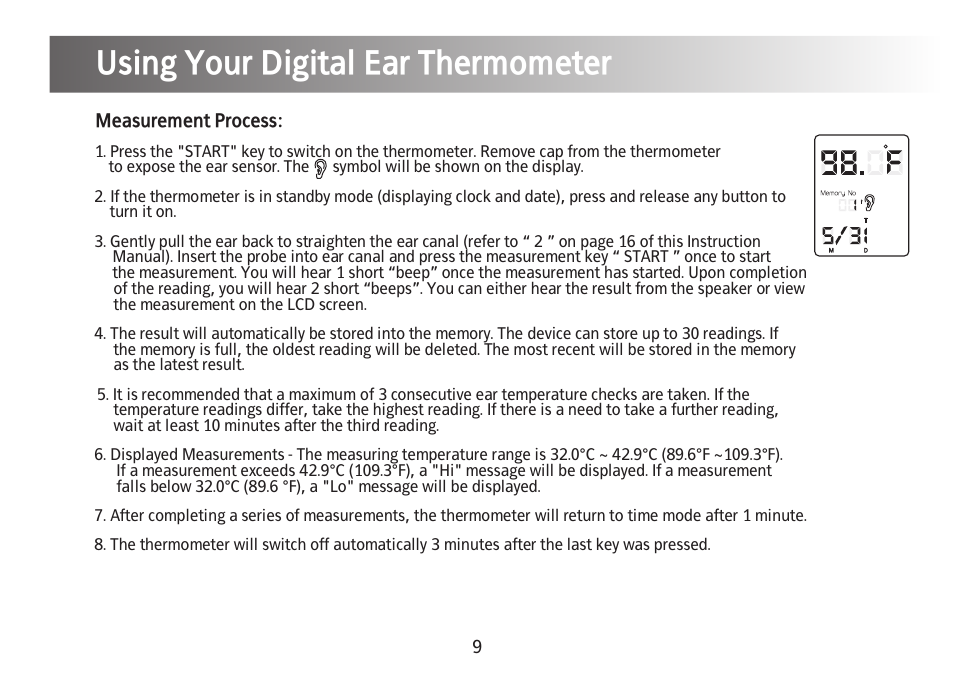 Using your digital ear thermometer | Kinetik Thermometer IET1C User Manual | Page 10 / 19